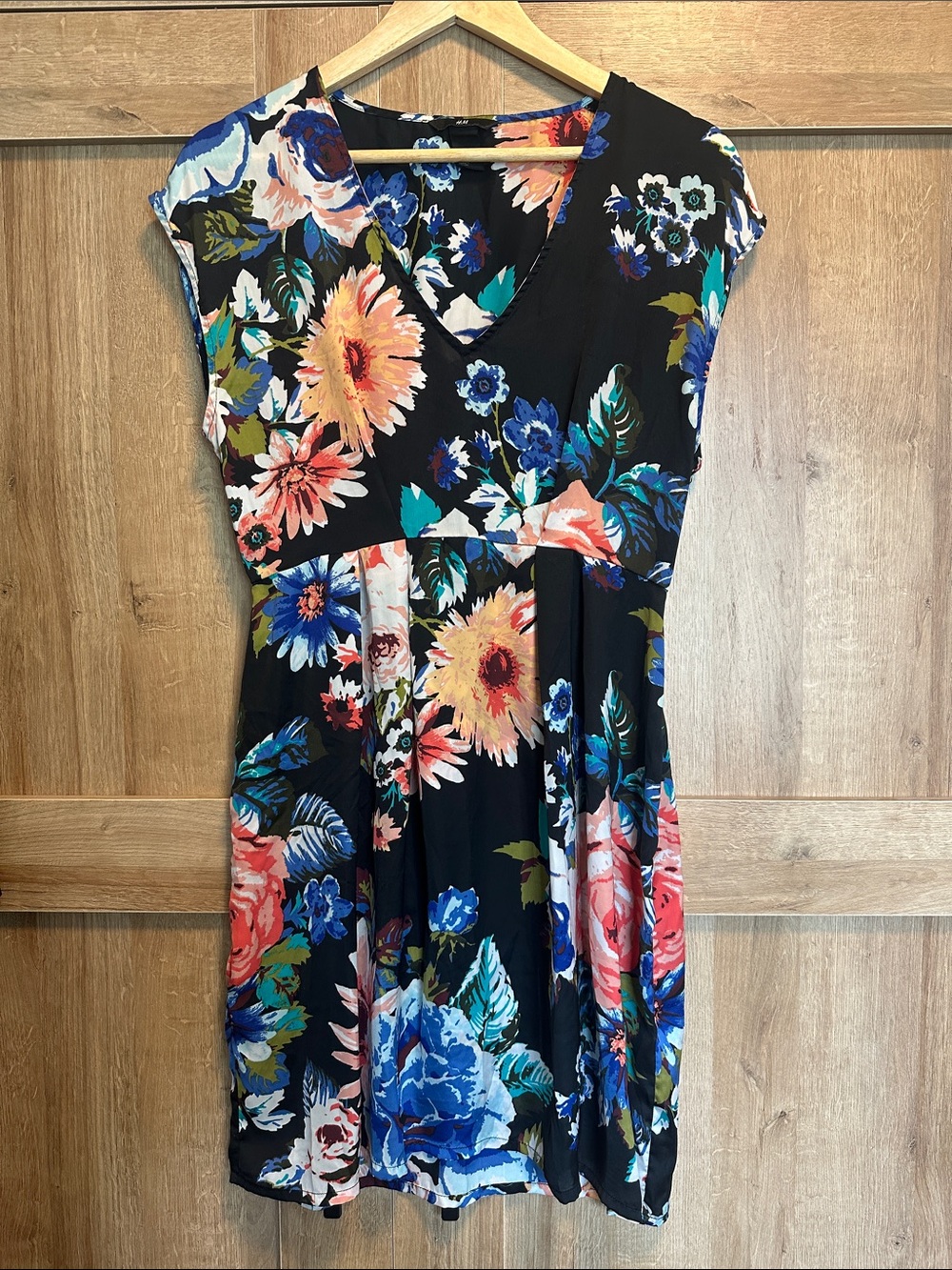 H&M Black Floral Cap-Sleeve Dress with Blue, Pink and Yellow Blooms